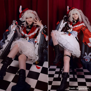 Honkai Star Rail Sparxie cosplay costume seated views frame a white lace skirt beneath red patchwork sleeves.