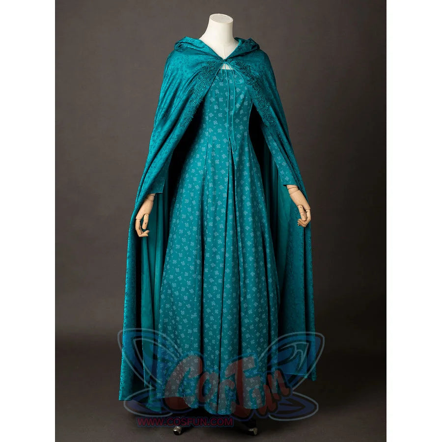 House of the Dragon Alicent Hightower cosplay costume angled front view lets the teal cloak fall around the dress