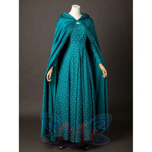 House of the Dragon Alicent Hightower cosplay costume angled front view lets the teal cloak fall around the dress