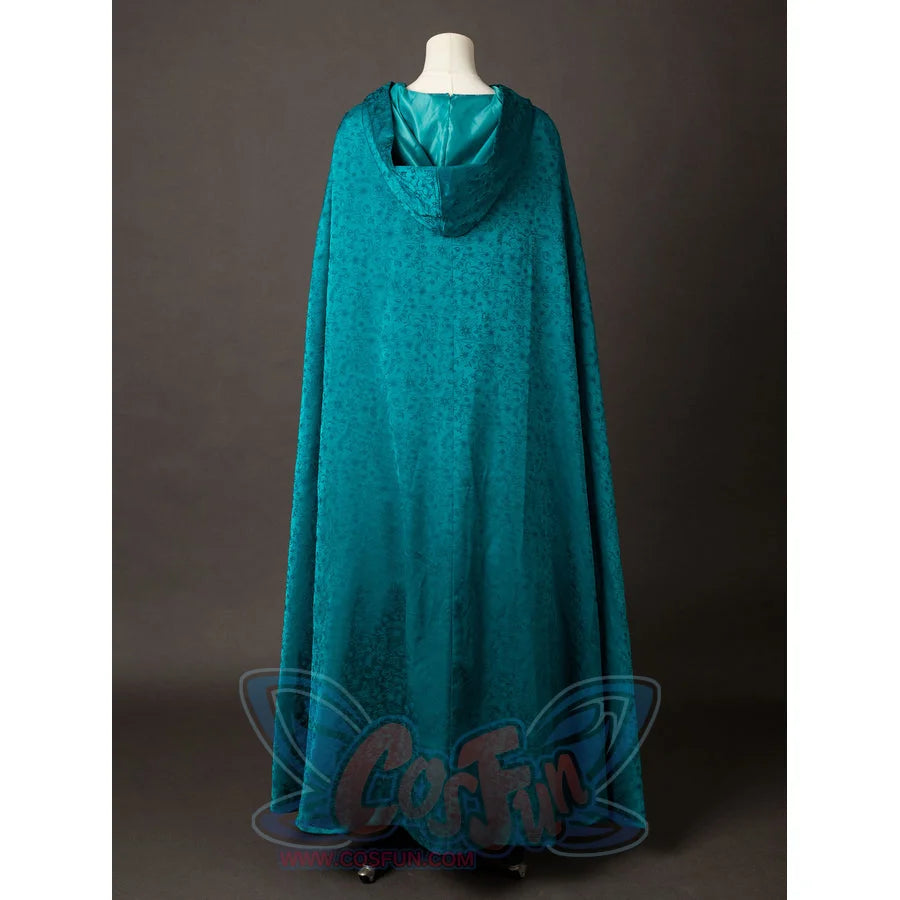 House of the Dragon Alicent Hightower cosplay cloak back view falls in smooth teal fabric below the hood
