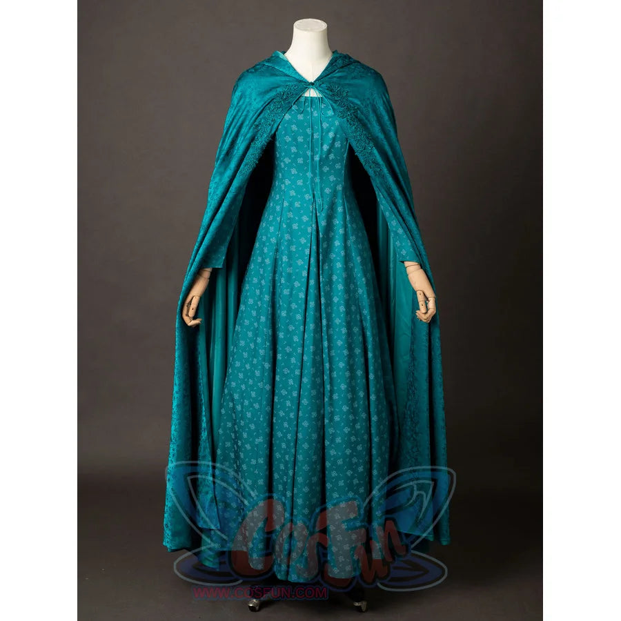 House of the Dragon Alicent Hightower cosplay costume front view frames a teal cloak and patterned dress