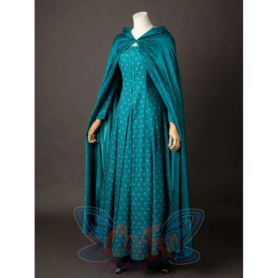 Alicent Hightower cosplay costume side view sets a teal cloak over the patterned court dress.