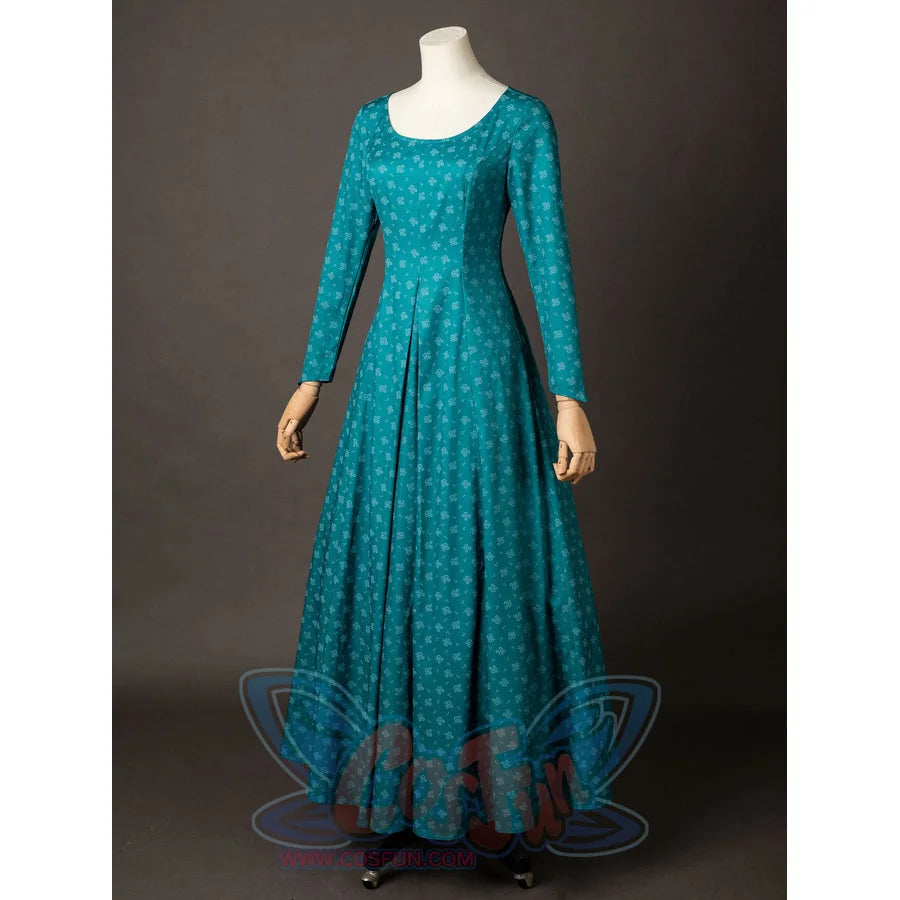 Alicent Hightower cosplay dress angled view sets patterned teal fabric into a full court skirt.