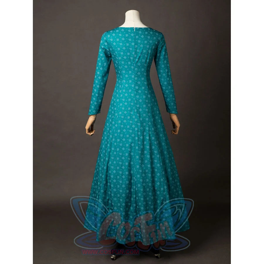 Alicent Hightower cosplay dress back view shapes a fitted waist above the long teal skirt.