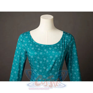 House of the Dragon Alicent Hightower cosplay dress neckline detail sets a scoop collar above patterned teal sleeves