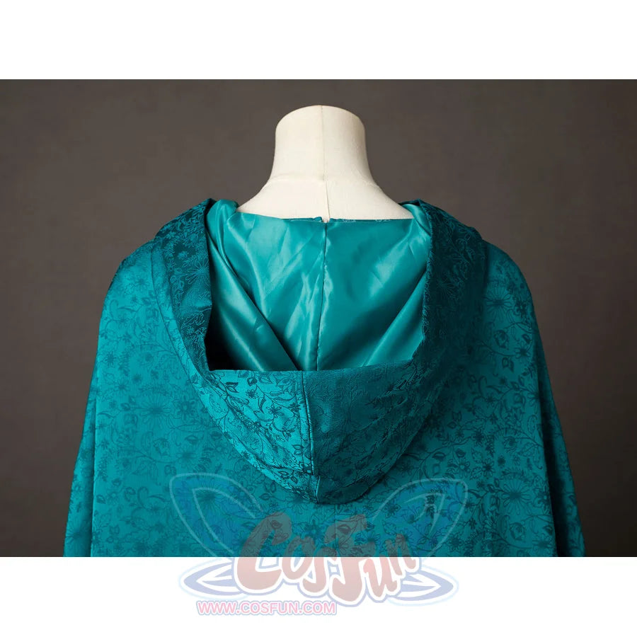 House of the Dragon Alicent Hightower cosplay hood back lining folds above smooth teal cloak fabric