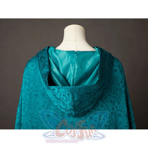 House of the Dragon Alicent Hightower cosplay hood back lining folds above smooth teal cloak fabric