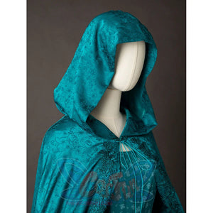House of the Dragon Alicent Hightower cosplay hood close-up frames the face opening with teal patterned fabric
