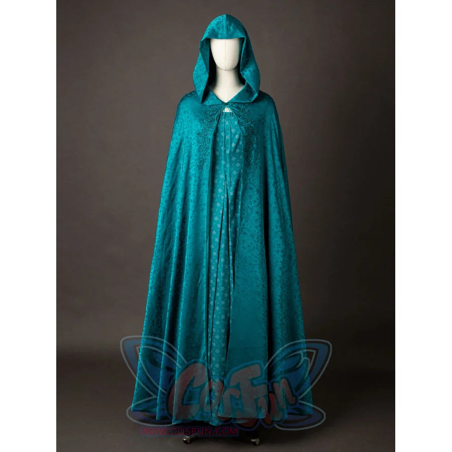 Alicent Hightower cosplay hooded cloak front view gathers teal fabric around the dress.