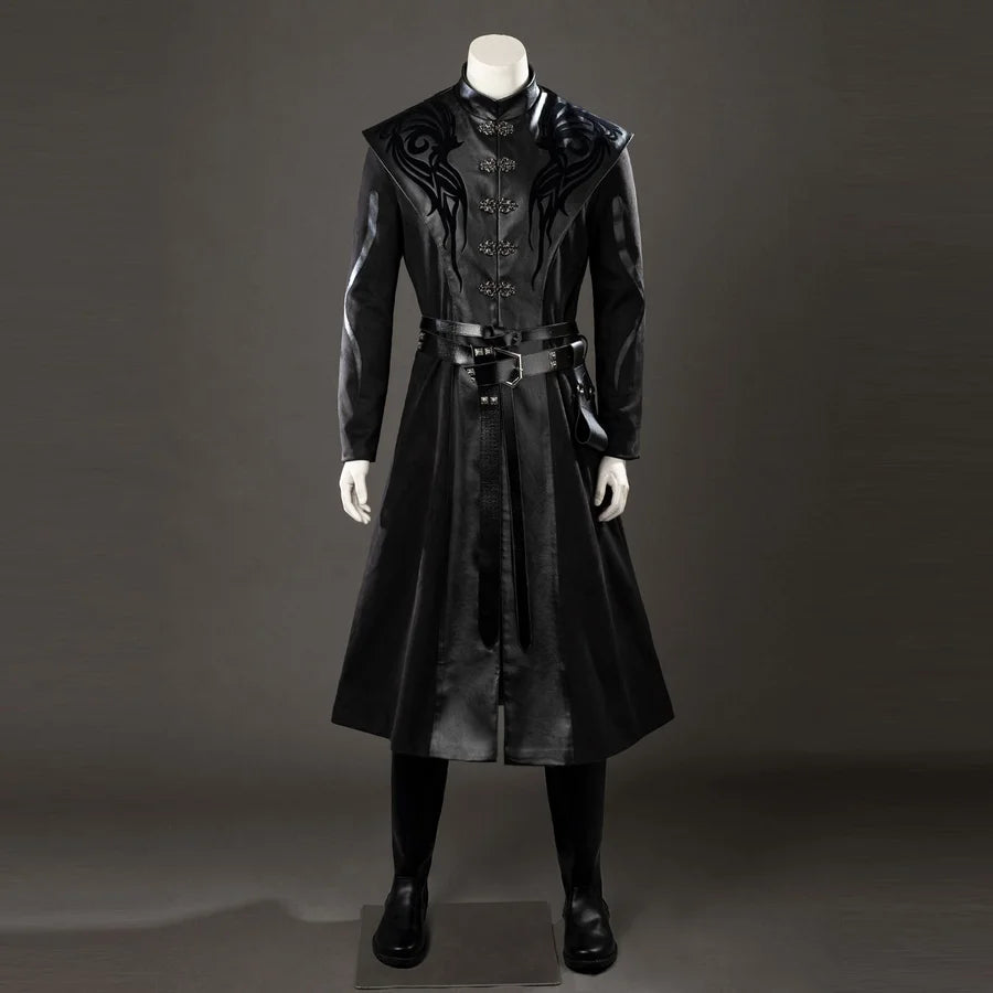 COSFUN Daemon Targaryen cosplay costume frames a black PU leather robe and twin belts.