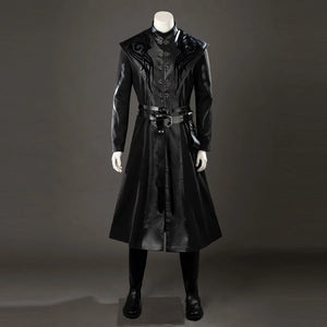 COSFUN House of the Dragon Daemon Targaryen cosplay costume frames a black PU leather robe and twin belts