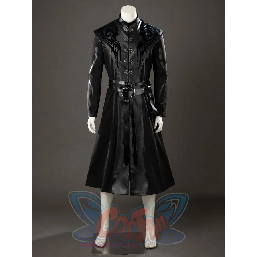 House of the Dragon Daemon Targaryen cosplay robe falls in a long black front view below twin belts