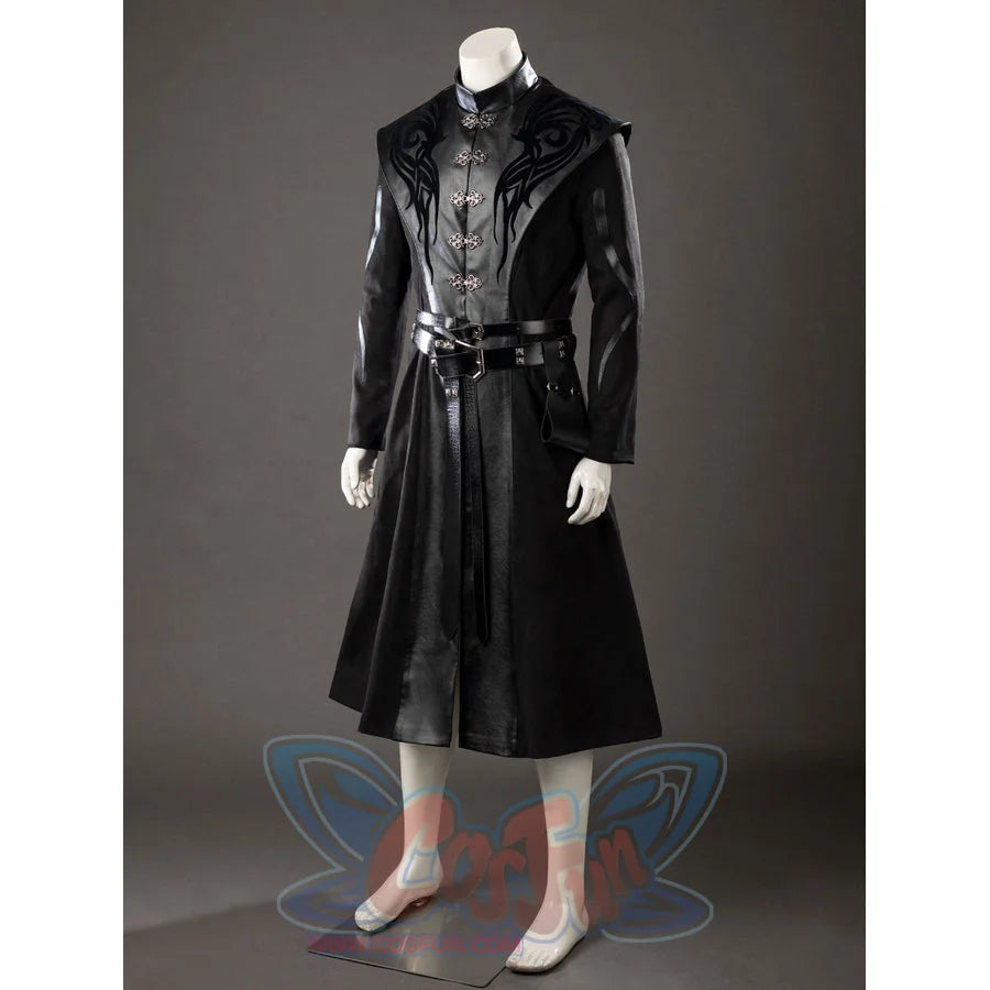 House of the Dragon Daemon Targaryen cosplay robe angled view sets glossy panels and raised shoulders above the belt