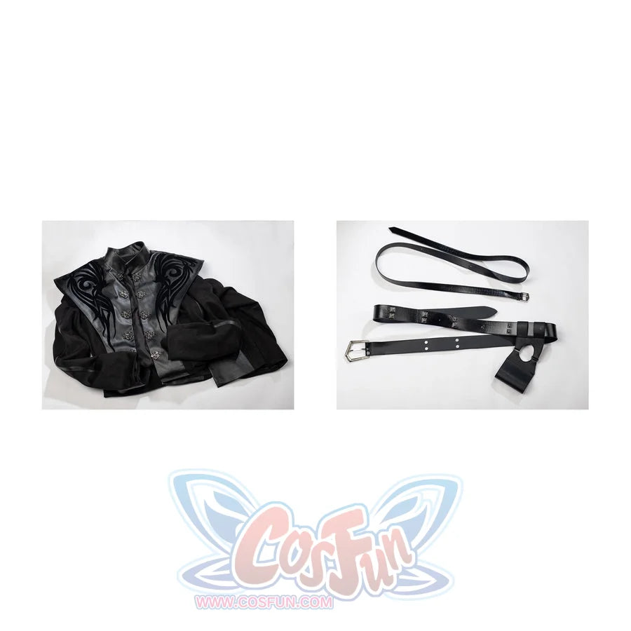 Daemon Targaryen cosplay costume flat lay arranges the black robe beside twin belt pieces.