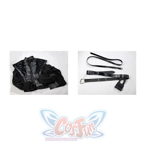 House of the Dragon Daemon Targaryen cosplay costume flat lay arranges the black robe beside twin belt pieces