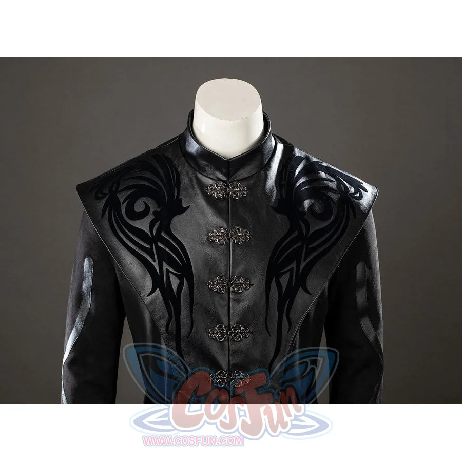 Daemon Targaryen cosplay robe upper front layers raised scrollwork over glossy PU leather.