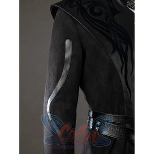 House of the Dragon Daemon Targaryen cosplay sleeve detail curves silver scrollwork along glossy black PU leather
