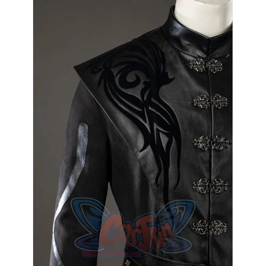 Daemon Targaryen cosplay robe upper detail frames black scrollwork across the shoulder and chest.