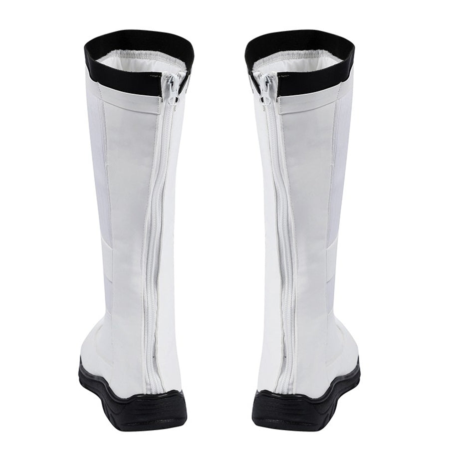 Human Torch Johnny Storm cosplay boots center rear full-length zippers framed by matte white shafts and black soles.