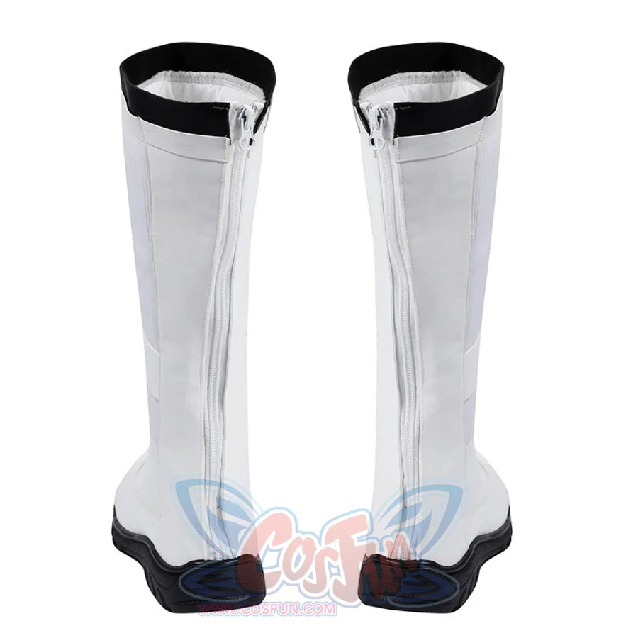 Human Torch Johnny Storm cosplay boots center rear full-length zippers framed by matte white shafts and black soles.