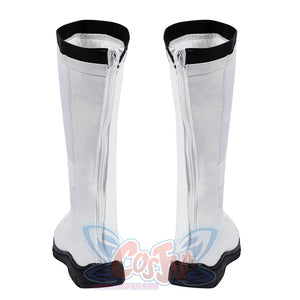 Human Torch Johnny Storm cosplay boots center rear full-length zippers framed by matte white shafts and black soles.