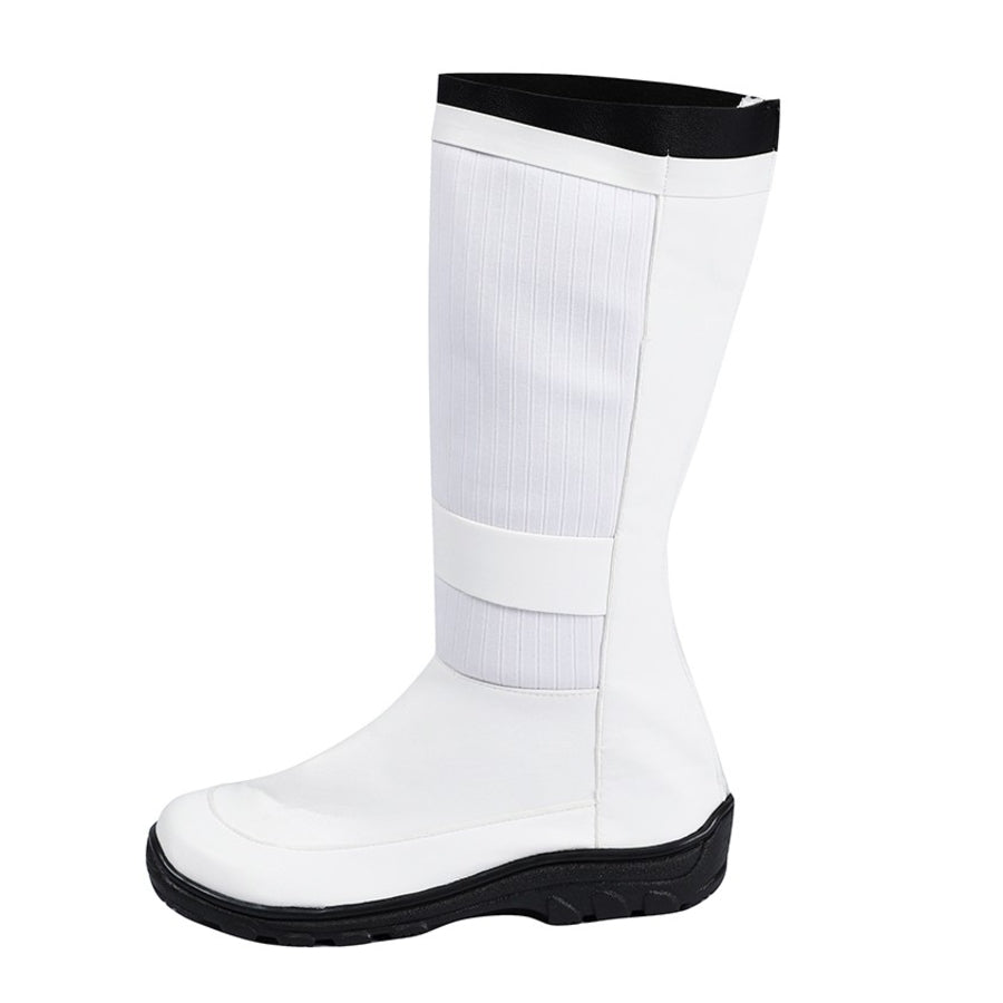 Human Torch Johnny Storm cosplay boots crafted in white matte material beside a black collar trim and a textured shaft.