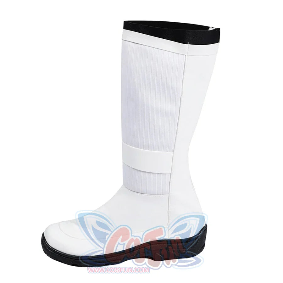Human Torch Johnny Storm cosplay boots crafted in white matte material beside a black collar trim and a textured shaft.