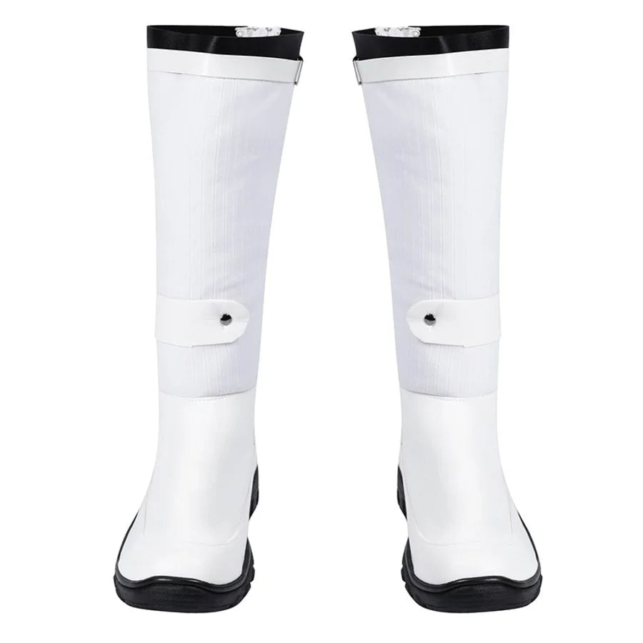 COSFUN Human Torch Johnny Storm cosplay boots crafted from white matte materials balance structured uppers and black soles.