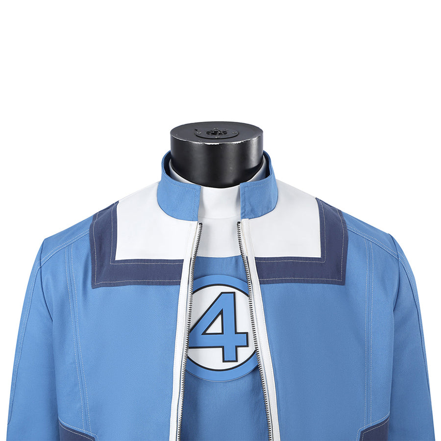 Human Torch Johnny Storm cosplay costume centers a bright blue jacket layered over an inner shirt framing the number four.