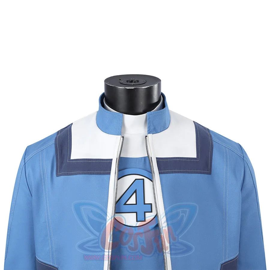 Human Torch Johnny Storm cosplay costume centers a bright blue jacket layered over an inner shirt framing the number four.