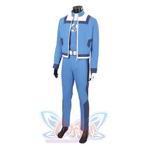 Human Torch Johnny Storm cosplay costume blue jacket layered over pants and gloves mimics the classic hero uniform style.