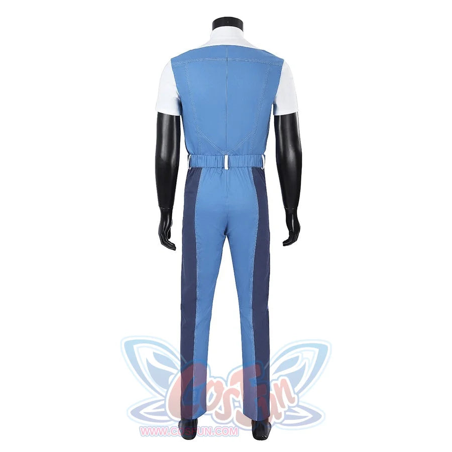 Human Torch Johnny Storm cosplay costume back view highlights the tailored blue jacket and matching straight pants set.
