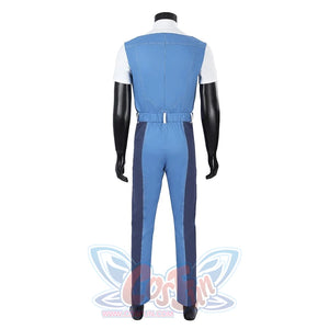 Human Torch Johnny Storm cosplay costume back view highlights the tailored blue jacket and matching straight pants set.