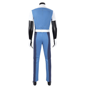 Human Torch Johnny Storm cosplay costume presents a blue jacket and pant set anchored by a white belt and matching gloves.