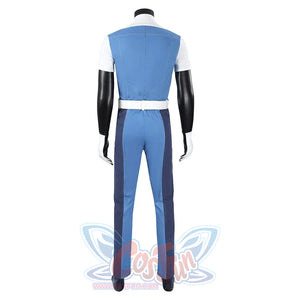 Human Torch Johnny Storm cosplay costume presents a blue jacket and pant set anchored by a white belt and matching gloves.