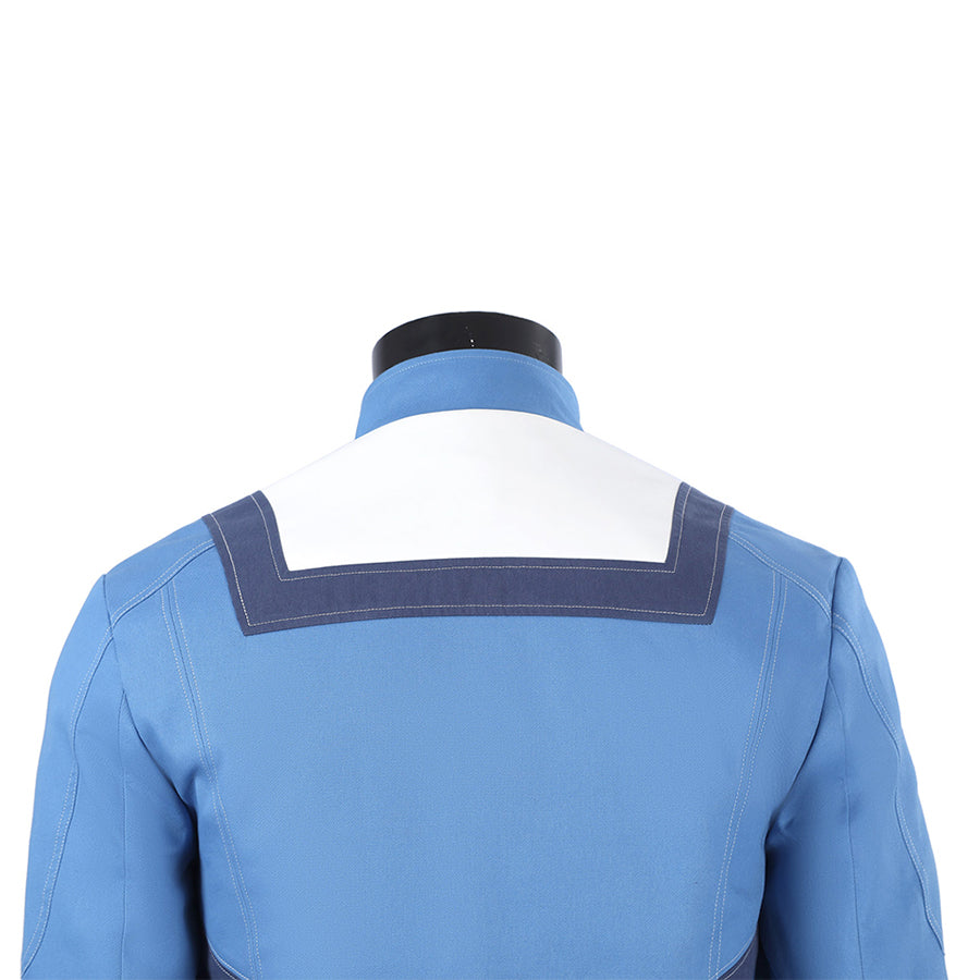 Human Torch Johnny Storm cosplay costume blue jacket presents a white square shoulder yoke and reinforced topstitching.