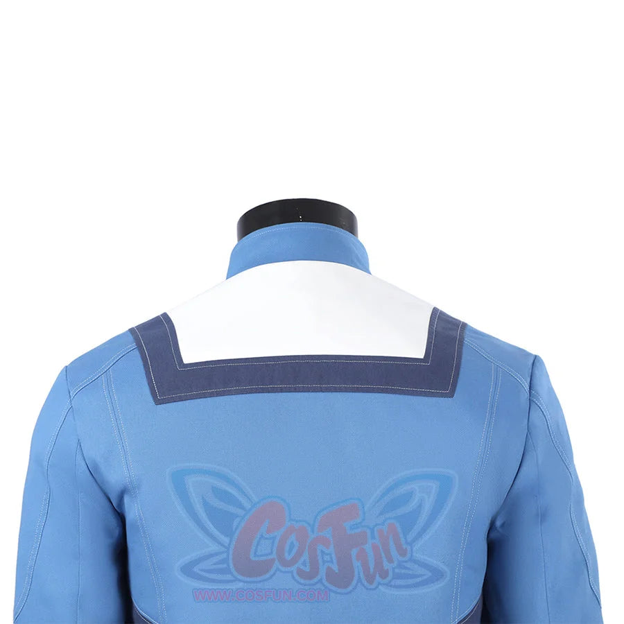 Human Torch Johnny Storm cosplay costume blue jacket presents a white square shoulder yoke and reinforced topstitching.