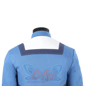 Human Torch Johnny Storm cosplay costume blue jacket presents a white square shoulder yoke and reinforced topstitching.