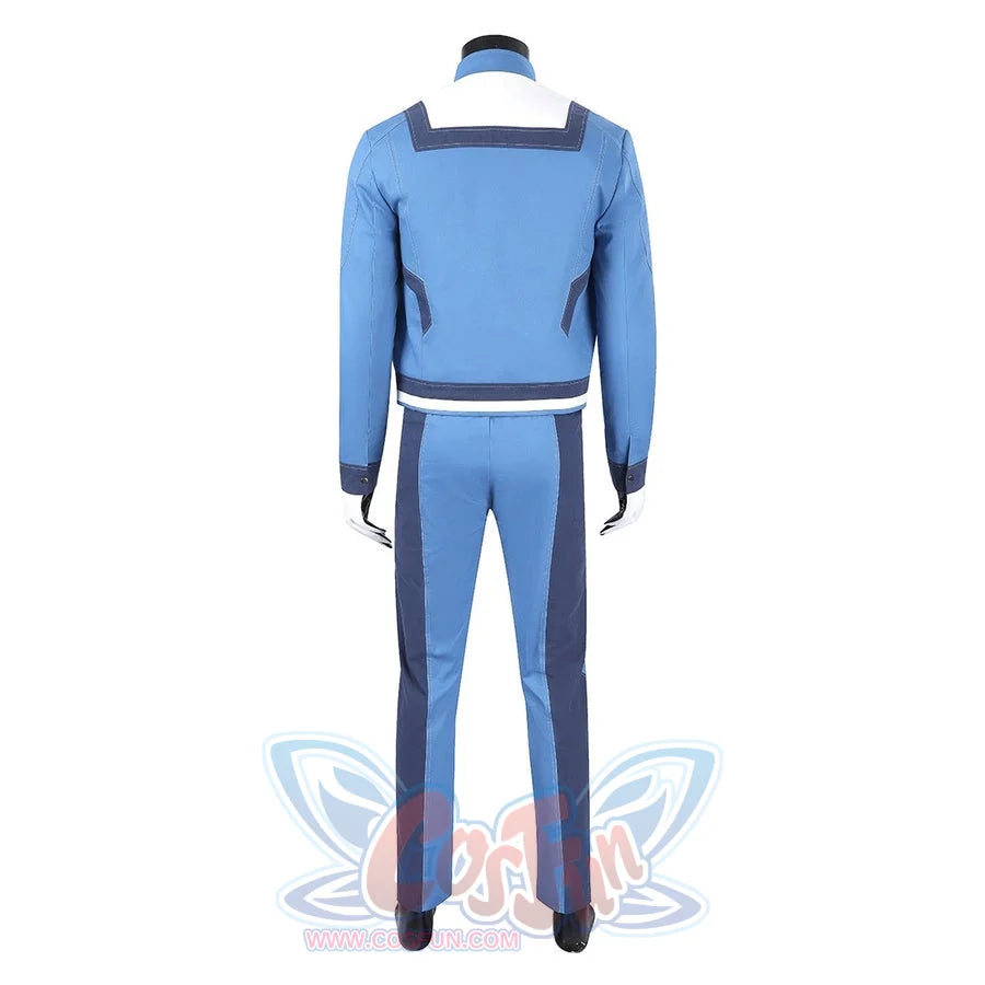 Human Torch Johnny Storm cosplay costume back view reveals dual tone blue fabric sections that define the jacket silhouette.