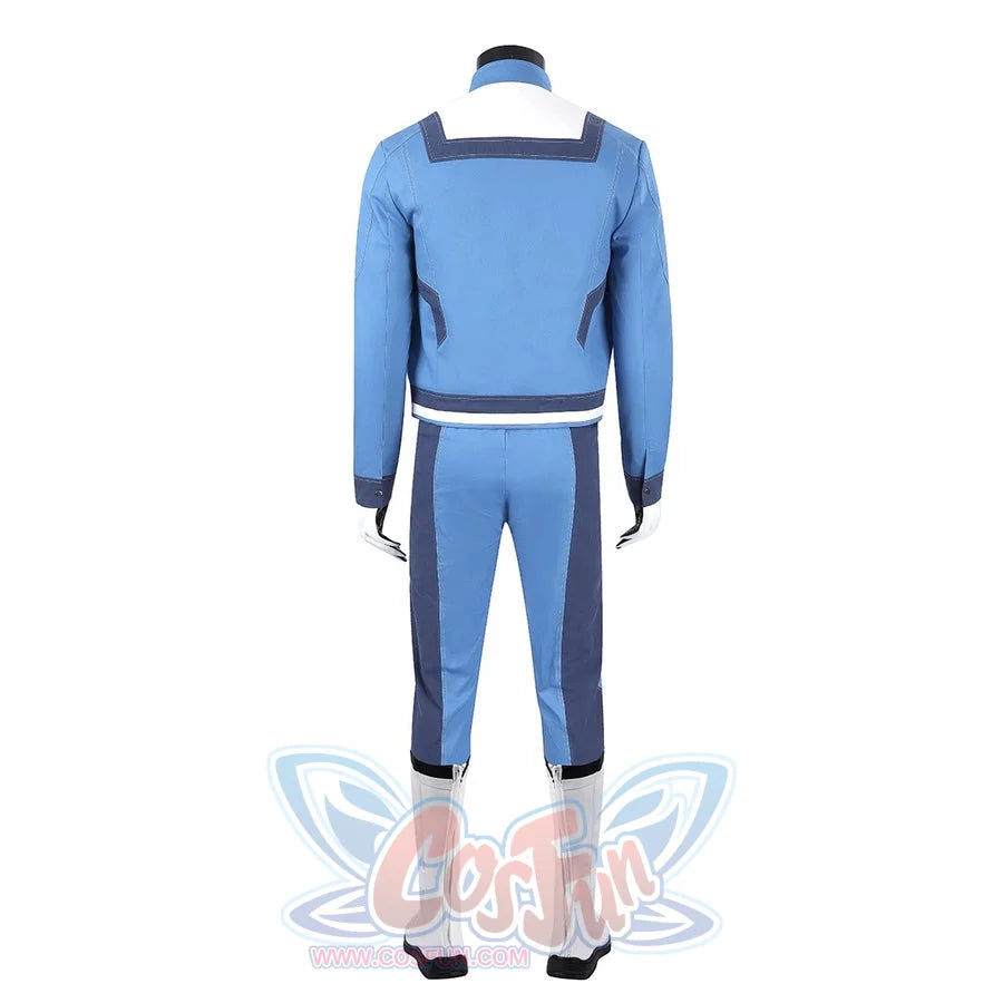 Human Torch Johnny Storm cosplay costume presents the back view of the blue jacket and trousers beside white trim details.