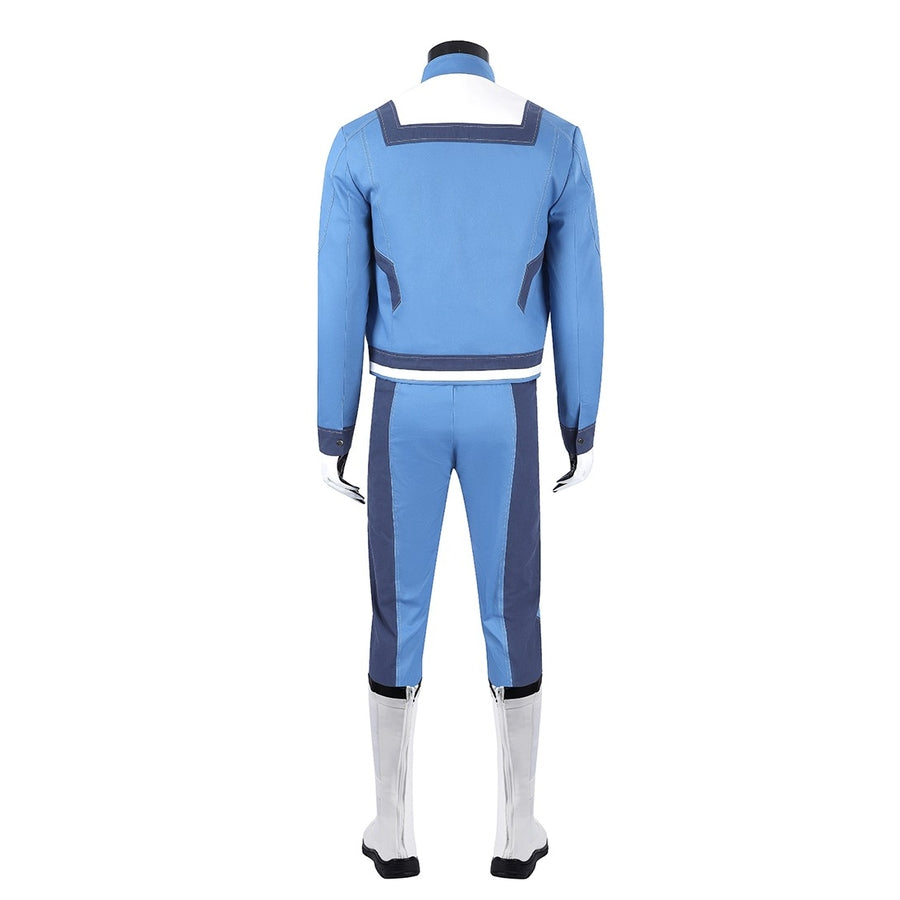 Human Torch Johnny Storm cosplay costume presents the back view of the blue jacket and trousers beside white trim details.