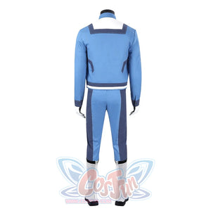 Human Torch Johnny Storm cosplay costume presents the back view of the blue jacket and trousers beside white trim details.