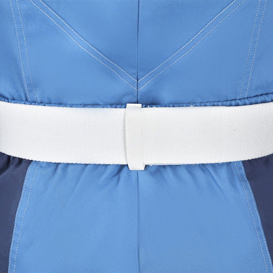 Human Torch Johnny Storm cosplay costume centers a wide white belt across the blue cotton twill fabric of the jacket.