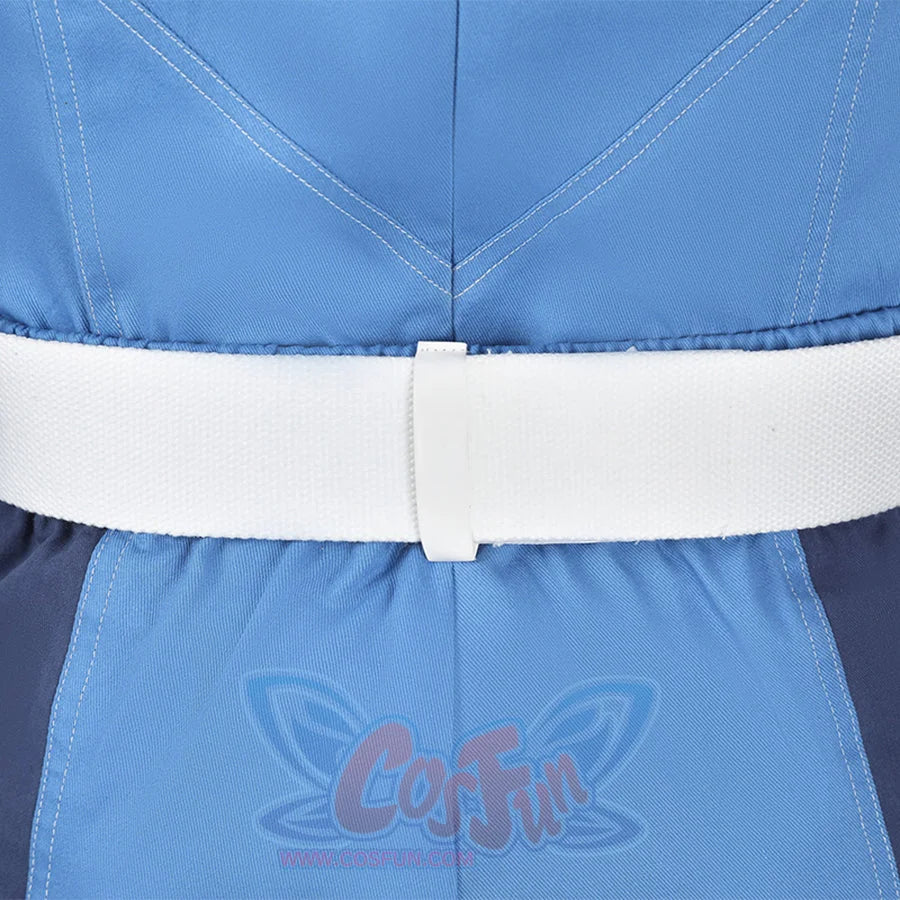 Human Torch Johnny Storm cosplay costume centers a wide white belt across the blue cotton twill fabric of the jacket.