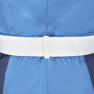 Human Torch Johnny Storm cosplay costume centers a wide white belt across the blue cotton twill fabric of the jacket.