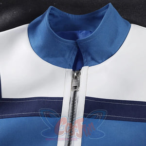 Human Torch Johnny Storm cosplay costume blue collar detail frames white faux leather panels and a silver-tone zipper.