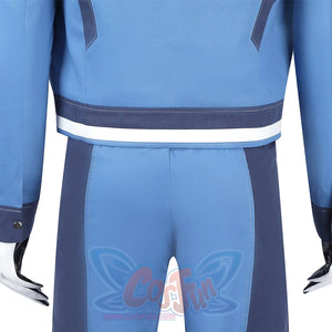 Human Torch Johnny Storm cosplay costume jacket and pants set frames waist beside a distinct white stripe horizontal border.