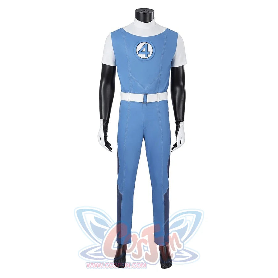 Human Torch Johnny Storm cosplay costume centers a bright blue suit beside white sleeves and a white belt over the waist.
