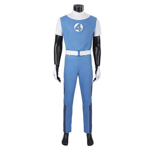 Human Torch Johnny Storm cosplay costume centers a bright blue suit beside white sleeves and a white belt over the waist.