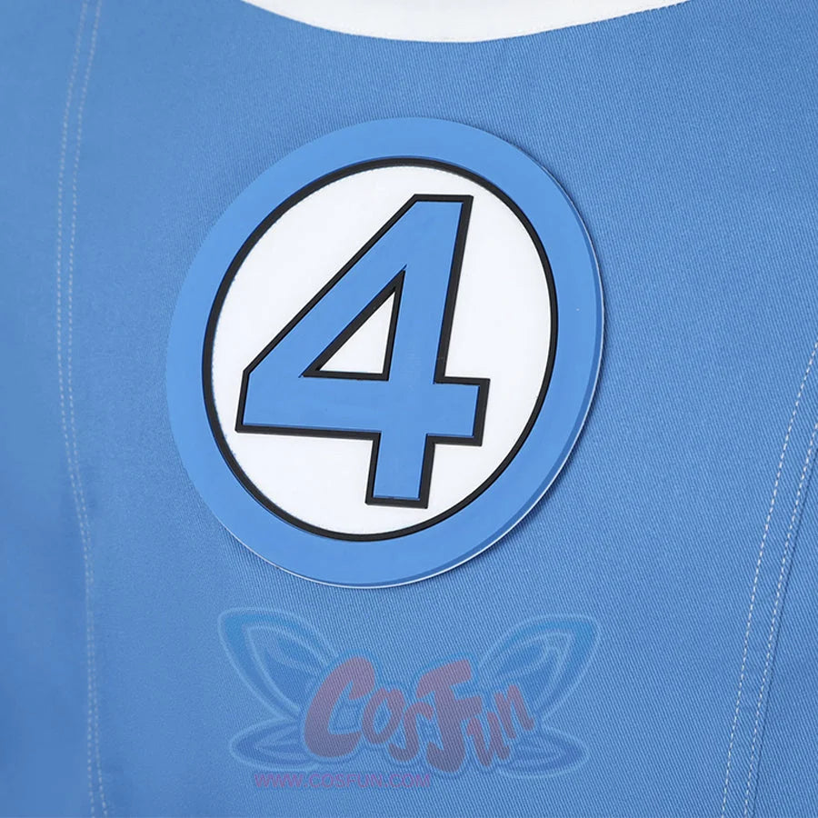 Human Torch Johnny Storm cosplay costume blue fabric costume chest detail beside white circular emblem and numeral four.